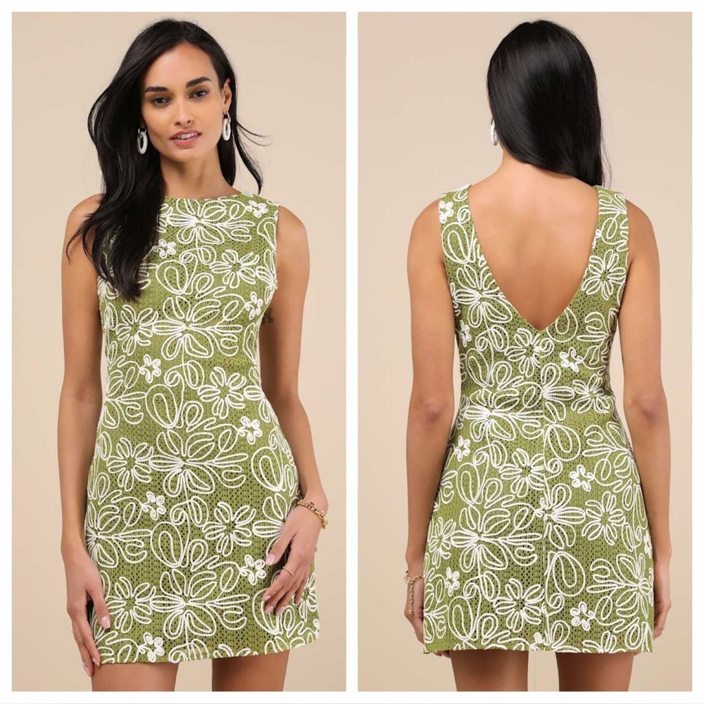 Lulus Fenicia Green Abstract Floral Embroidered Mini Dress